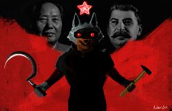  2023 5_fingers anthro arm_wraps armor black_background black_body black_cloak black_clothing black_ears black_fur black_nose bracers canid canine canis cheek_tuft claws clenched_teeth cloak clothing communism death_(puss_in_boots) dreamworks dual_wielding ejaculation etching facial_tuft fingers fur fur_hands grey_body grey_fur group hammer hammer_and_sickle hands-free hi_res holding_object holding_weapon hood hooded_cloak human humanoid joseph_stalin jwoxxl looking_at_viewer male mammal mao_zedong melee_weapon meme multicolored_body multicolored_fur open_mouth orange_light pattern_background politics pupils puss_in_boots_(dreamworks) real_world red_background red_eyes red_sclera shaded sickle simple_background solo sparkles sparks star teeth tools torso trio tuft two_tone_body two_tone_fur weapon wolf wraps 