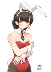  animal_ears artist_name black_eyes black_necktie blunt_bangs braid breasts cowboy_shot dated detached_collar double_bun female hair_bun highres kantai_collection leotard long_hair necktie owa_(ishtail) pantyhose playboy_bunny rabbit_ears rabbit_tail red_leotard simple_background small_breasts solo tail twin_braids un&#039;you_(kancolle) white_background wrist_cuffs yawata_maru_(kancolle) yellow_eyes 