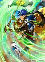  1boy armor axe cape company_name fire_emblem fire_emblem:_path_of_radiance fire_emblem_cipher fire_emblem_heroes gloves headband holding holding_axe ike_(brave_mercenary)_(fire_emblem) ike_(fire_emblem) incoming_attack kita_senri looking_at_viewer male_focus official_alternate_costume official_art 