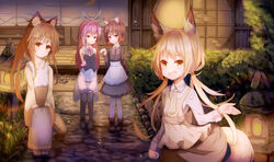  4girls absurdres alternate_costume animal_ears blonde_hair brown_eyes brown_hair cat_ears cat_tail fox_ears fox_tail fumizuki_(kancolle) highres kantai_collection kisaragi_(kancolle) logiclr long_hair multiple_girls mutsuki_(kancolle) playboy_bunny purple_eyes purple_hair satsuki_(kancolle) short_hair tail twintails waitress yellow_eyes 