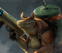  2014 activision anthro biceps brown_body brown_fur canid canine canis claws close-up crash_(series) crocodile crocodilian crocodylid digital_media_(artwork) digital_painting_(artwork) dingo dingodile flamethrower fuel_tank fur grey_background hybrid looking_at_viewer male mammal muscular muscular_anthro muscular_male naughty_dog pecs portrait pupils ranged_weapon realistic reptile scales scalie shaded sharp_teeth simple_background slit_pupils solo sony_corporation sony_interactive_entertainment standing tan_body tan_skin teeth text triceps twarda8 url weapon yellow_eyes 