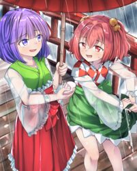  2girls :d absurdres bell blunt_bangs checkered_clothes checkered_kimono commentary_request feet_out_of_frame green_kimono green_skirt hair_bell hair_ornament hieda_no_akyuu highres holding holding_umbrella japanese_clothes kimono long_sleeves looking_at_another motoori_kosuzu multiple_girls open_mouth outdoors pechimaru purple_eyes purple_hair rain red_eyes red_hair red_skirt red_umbrella see-through see-through_sleeves short_hair skirt smile standing touhou twintails umbrella wide_sleeves 