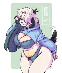  2022 :3 absurd_res anthro belly big_breasts biped black_ears black_nose black_tail blue_bra blue_clothing blue_hoodie blue_panties blue_topwear blue_underwear bodily_fluids bra breasts canid canine canis cleavage clothed clothing curvy_figure cute_fangs digital_media_(artwork) domestic_dog female floppy_ears fur green_background hair hair_over_eye hi_res highleg highleg_bottomwear holding_object holding_towel hoodie insouwu leaning leaning_forward mammal narrowed_eyes navel one_eye_obstructed panties pepper_(puppkittyfan1) pink_belly portrait raised_clothing raised_hoodie raised_topwear short_hair signature simple_background smile solo standing sweat tail thick_thighs three-quarter_portrait topwear towel underwear uwu voluptuous white_background white_body white_fur white_hair wide_hips 