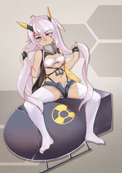  ahoge azur_lane bandeau black_gloves blue_eyes blush breasts closed_mouth commentary_request dark-skinned_female dark_skin expressionless eyes_visible_through_hair facepaint female full_body gloves grey_shorts hair_between_eyes hand_in_own_hair heart heart_ahoge heterochromia highres horns indianapolis_(azur_lane) long_hair looking_at_viewer mechanical_horns medium_breasts micro_shorts navel no_shoes nuclear_weapon open_fly pink_hair radiation_symbol shorts sitting solo the_hermit thighhighs turtleneck twintails underboob very_long_hair white_bandeau white_thighhighs yellow_eyes 