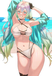  aqua_jacket armpits arms_up bare_shoulders beach bikini black_gloves blush breasts choker cleavage collarbone cupitan_(granblue_fantasy) cupitan_(summer)_(granblue_fantasy) female gloves gradient_hair granblue_fantasy green_eyes green_hair grey_hair grin highres jacket large_breasts long_hair long_sleeves looking_at_viewer low_twintails multicolored_hair navel off_shoulder official_alternate_costume open_clothes open_jacket shore smile solo stomach swimsuit tekkai_blade thigh_strap thighs twintails very_long_hair white_bikini 