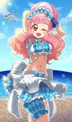  aikatsu!_(series) aikatsu_friends! bad_id bad_twitter_id ball beach belly breasts day female gradient_hair highres kiratto_pri_chan large_breasts long_hair maid_headdress multicolored_hair ocean one_eye_closed orange_eyes outdoors pretty_series ribbon rr_aikatsu sky solo summer_maid_coord sun underboob yuki_aine 