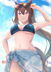  admire_vega_(umamusume) animal_ears blush breasts brown_hair cleavage collarbone eyewear_on_head female highres horse_ears horse_girl horse_tail long_hair looking_at_viewer medium_breasts navel ponytail purple_eyes rrtp sky solo sunglasses tail umamusume 