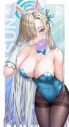  absurdres animal_ears arm_behind_back armpit_crease asuna_(blue_archive) asuna_(bunny)_(blue_archive) asymmetrical_bangs bare_shoulders black_pantyhose blue_archive blue_bow blue_bowtie blue_eyes blue_leotard blue_ribbon border bow bowtie breasts card card_in_mouth character_name cleavage collar commentary covered_navel cowboy_shot detached_collar fake_animal_ears female hair_over_one_eye hair_ribbon halo hand_in_own_hair hand_up highleg highleg_leotard highres kama_(kama_ovo) large_breasts leaning_forward leotard light_brown_hair long_bangs long_hair looking_at_viewer mole mole_on_breast mouth_hold official_alternate_costume one_eye_covered pantyhose playboy_bunny playing_card rabbit_ears ribbon sideboob sidelocks solo strapless strapless_leotard swept_bangs thighband_pantyhose thighs very_long_hair white_border white_collar wing_collar 