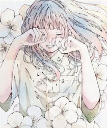  arms_up breast_pocket closed_eyes collared_shirt crying female flower geranium highres long_hair multicolored_hair original parted_lips pocket shirt short_sleeves simple_background solo tears toaruocha upper_body white_background white_flower white_shirt 