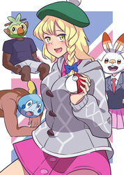  2boys 2girls bags_under_eyes black_jacket blonde_hair blue_bow blue_shirt border bow braid breasts cable_knit cardigan collared_dress collared_shirt commentary_request cookie_(touhou) cosplay cowboy_shot dark-skinned_male dark_skin dress gloria_(pokemon) gloria_(pokemon)_(cosplay) grey_cardigan grookey hairbow hakumai_(nicoseiga80737518) hat hisui_(cookie) holding holding_poke_ball hooded_cardigan jacket kirisame_marisa large_breasts long_hair looking_at_viewer manatsu_no_yo_no_inmu mars_(cookie) meme multiple_boys multiple_girls necktie open_mouth outside_border parody pink_dress pink_skirt poke_ball poke_ball_(basic) pokemon pokemon_swsh red_necktie reisen_udongein_inaba scorbunny shirt shorts side_braid single_braid skirt sobble tam_o&#039;_shanter touhou white_border white_shirt white_shorts yajuu_senpai yellow_eyes yjsnpi_interview_(meme) 