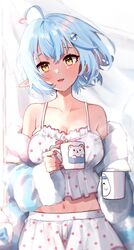  :d absurdres ahoge blue_hair blush camisole character_hair_ornament coffee_mug collarbone cup female hair_ornament head_tilt highres holding holding_cup hololive looking_at_viewer mashiro_io mug navel off_shoulder pajamas pointy_ears polka_dot polka_dot_camisole short_hair smile solo spaghetti_strap upper_body virtual_youtuber yellow_eyes yukihana_lamy yukihana_lamy_(loungewear) 