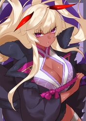  blonde_hair breasts cleavage coat commentary_request commission dark-skinned_female dark_skin female fur_trim highres itou_ittousai_(sengoku_bushouki_muramasa) large_breasts pink_eyes purple_background rope sengoku_bushouki_muramasa sheath shiny_skin skeb_commission solo source_request thigh_strap waka_(shark_waka) 