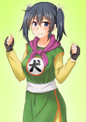  anti_(untea9) black_gloves blue_eyes blue_hair commentary_request cosplay dragon_quest dragon_quest_iii female fighter_(dq3) fighter_(dq3)_(cosplay) fingerless_gloves gloves green_background hair_between_eyes hair_ribbon highres kantai_collection long_sleeves looking_at_viewer photoshop_(medium) ribbon sash short_hair smile solo souryuu_(kancolle) twintails white_ribbon 