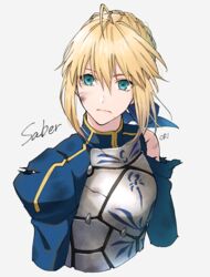  ahoge armor artoria_pendragon_(all) banned_artist blood blood_on_face blue_ribbon character_name closed_mouth fate/stay_night fate_(series) female green_eyes grey_background hair_between_eyes hair_ribbon looking_away orii_(orii_i) ribbon saber short_hair simple_background solo torn_clothes upper_body 