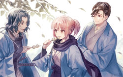  2boys belt black_hair blonde_hair commentary_request curly_hair dango eating eyebrows_hidden_by_hair fate/grand_order fate_(series) female food hair_between_eyes haori holding holding_food japanese_clothes katana kimono koha-ace leaf multiple_boys okita_souji_(fate) okita_souji_(koha-ace) ponytail saitou_hajime_(fate) saitou_hajime_(third_ascension)_(fate) scarf short_hair sword wagashi weapon yamanami_keisuke_(fate) yamigo 