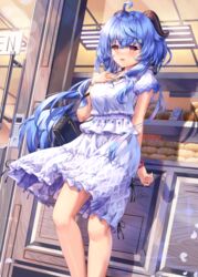  :d absurdres ahoge alternate_costume arm_behind_back bag bakery bangle bell black_ribbon blue_hair blush bracelet bread breasts clothes_lift commentary contemporary day door english_commentary falling_petals feet_out_of_frame female food frilled_shirt frilled_skirt frills ganyu_(genshin_impact) genshin_impact glass_door goat_horns gradient_eyes hand_on_own_chest hand_up handbag highres horns jewelry keypad kumori_kaiga long_hair looking_at_viewer medium_breasts multicolored_eyes neck_bell petals ponytail purple_eyes ribbon shirt shop short_sleeves shoulder_bag skirt skirt_lift smile solo standing thighs watch white_skirt wind wind_lift wristwatch 