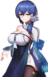  absurdres blue_dress blue_hair breasts commentary dp-12_(girls&#039;_frontline) dress female flower girls&#039;_frontline green_eyes hair_flower hair_ornament highres iznal large_breasts long_hair looking_at_viewer photoshop_(medium) simple_background smile solo thighhighs white_background 