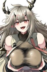  arknights bare_shoulders breast_lift breasts covered_nipples female grey_hair highres horns large_breasts long_hair looking_at_viewer matoimaru_(arknights) multiple_horns oni open_mouth pointy_ears red_eyes short_eyebrows simple_background smile solo take_(trude1945oneetyan) upper_body white_background 