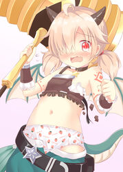  ahoge armor bare_shoulders belt black_belt black_choker black_horns blonde_hair blush broken_armor choker clothes_pull clothes_writing dragon_girl dragon_horns dragon_tail english_text female food_print hair_over_one_eye hammer horns inori_(princess_connect!) long_hair low_twintails navel open_mouth panties princess_connect! print_panties red_eyes skirt skirt_pull solo star_(symbol) strawberry_panties strawberry_print tail tears twintails umi_suzume underwear white_panties wings wrist_cuffs 