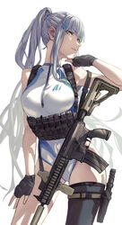  absurdres assault_rifle black_gloves black_thighhighs blue_one-piece_swimsuit blunt_bangs breasts chest_harness combat_knife competition_swimsuit female fingerless_gloves fujita_(condor) girls&#039;_frontline gloves green_eyes grey_hair gun h&amp;k_hk416 hair_ornament hand_on_own_chin hand_on_own_thigh harness highleg highleg_swimsuit highres hk416_(girls&#039;_frontline) holster knife looking_at_viewer medium_breasts one-piece_swimsuit open_mouth rifle single_thighhigh solo swimsuit thigh_holster thighhighs two-tone_swimsuit weapon white_background white_one-piece_swimsuit zipper 