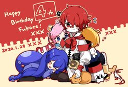  2boys 2girls back-to-back bandaged_leg bandages bandaid bandaid_on_face bandaid_on_nose bird blue_eyes blue_headwear blush chibi closed_eyes coat cubi_(vocaloid) dated eel_hat feline flag fukase hair_ornament hand_on_another&#039;s_head happy_birthday hat headpat james_(vocaloid) lap_pillow minahoshi_taichi multiple_boys multiple_girls oliver_(vocaloid) orange_cat otomachi_una pale_skin pink_hair point_(vocaloid) pouty_lips rana_(vocaloid) red_eyes red_hair seiza sitting sleeping sweatdrop unworn_hat unworn_headwear vocaloid white_coat 