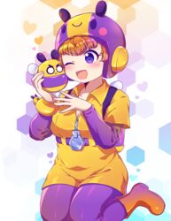  ;d absurdres bea_(brawl_stars) blush boots brawl_stars breasts brown_footwear brown_hair cleavage commentary_request female freckles hat heart highres kaoling layered_sleeves long_sleeves medium_breasts one_eye_closed pantyhose personification purple_eyes purple_headwear purple_legwear short_eyebrows short_over_long_sleeves short_sleeves smile thick_eyebrows 