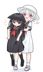  2girls :&lt; :d akichi_mashiro albino animal_ears ankle_socks annoyed armpit_carry black_dress black_eyes black_footwear black_hair black_legwear black_sailor_collar blunt_bangs blush cat_ears closed_mouth cross-laced_footwear crossed_bangs dot_nose dress ears_down eyes_visible_through_hair full_body furrowed_brow hair_ornament hairclip hat heart highres kemonomimi_mode kibisake kneehighs legs_apart lifting_person long_hair looking_at_viewer mary_janes medium_dress multiple_girls neckerchief open_mouth original pink_eyes pleated_dress red_neckerchief sailor_collar sailor_dress school_uniform shoes short_hair short_sleeves simple_background smile sneakers socks squinting standing tareme thick_eyebrows torii_koyomi wavy_hair white_background white_dress white_footwear white_hair white_headwear white_legwear 