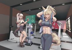  2girls abs animal_ear_fluff animal_ears arknights arm_strap arms_up bare_shoulders black_pants blonde_hair breasts building ceiling_light chinese_commentary commentary_request crop_top drying exercise_bike fingerless_gloves gloves grey_sports_bra gym high_ponytail highres holographic_interface horns indoors kamkac large_breasts long_hair medium_breasts midriff multiple_girls navel nearl_(arknights) pants photoshop_(medium) ponytail red_gloves saria_(arknights) shoes short_hair sports_bra standing stomach tail toned towel two-tone_sports_bra white_hair window yellow_eyes yoga_pants 