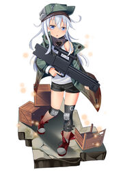  assault_rifle black_shorts blue_eyes boots box commentary_request cosplay cross-laced_footwear female g11_(girls&#039;_frontline) g11_(girls&#039;_frontline)_(cosplay) girls&#039;_frontline green_hat green_jacket grey_hair gun h&amp;k_g11 hair_between_eyes hat hibiki_(kancolle) highres holding holding_gun holding_weapon jacket kantai_collection knee_pads lace-up_boots long_hair long_sleeves looking_at_viewer open_clothes open_jacket open_mouth red_footwear rifle shirt short_shorts shorts sleeveless sleeveless_shirt solo weapon white_shirt wooden_box yasume_yukito 