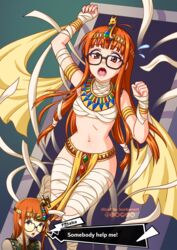  armlet bandages black-framed_eyewear blunt_bangs bracelet breasts brown_eyes burbur commentary cosplay diadem dialogue_box egyptian egyptian_clothes english_commentary english_text female glasses highres jewelry long_hair looking_at_viewer medium_breasts mummy navel open_mouth orange_hair pelvic_curtain persona persona_5 restrained sakura_futaba shadow_futaba shadow_futaba_(cosplay) solo stomach uraeus usekh_collar 