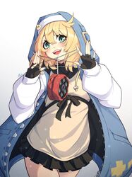  1boy absurdres androgyne_symbol aqua_eyes black_gloves black_skirt blonde_hair bridget cuffs fingerless_gloves gloves guilty_gear guilty_gear_strive habit handcuffs highres hood hood_up hooded_jacket hoodie jacket long_sleeves looking_at_viewer male_focus mekrani open_clothes open_hoodie open_mouth otoko_no_ko puffy_long_sleeves puffy_sleeves skirt solo yo-yo 