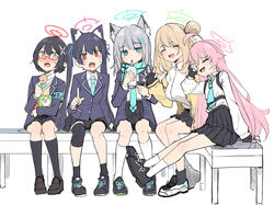  5girls absurdres ahoge animal_ear_fluff animal_ears ayane_(blue_archive) black_footwear black_hair black_skirt blue_archive blue_eyes blue_jacket blue_necktie blue_scarf blush breasts cat_ears closed_eyes cross_hair_ornament cup disposable_cup drinking drinking_straw eating fingerless_gloves foreclosure_task_force_(blue_archive) full_body glasses gloves grey_hair hair_between_eyes hair_ornament halo highres hoshino_(blue_archive) jacket kandori kneehighs large_breasts long_hair long_sleeves looking_at_viewer medium_hair multiple_girls necktie nonomi_(blue_archive) open_clothes open_jacket open_mouth pink_hair pleated_skirt pointing pointing_at_viewer pointy_ears red_eyes scarf school_uniform serika_(blue_archive) shiroko_(blue_archive) shirt shoes short_hair sitting skirt smile socks sweatdrop twintails white_shirt white_socks wolf_ears yellow_eyes 