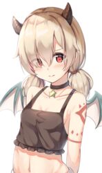  arms_behind_back bare_shoulders black_choker blood blush bodypaint breasts choker cleavage closed_mouth collarbone demon_girl demon_horns demon_wings dragon_girl dragon_wings eyes_visible_through_hair female green_wings hair_over_one_eye highres horns image_sample inori_(princess_connect!) keiran_(ryo170) long_hair looking_at_viewer low_twintails navel princess_connect! red_eyes simple_background small_breasts solo star_(symbol) star_choker tumblr_sample twintails upper_body white_background wings 