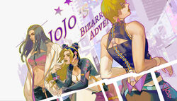  3girls absurdres alternate_costume bare_shoulders black_hair braid breasts cleavage double_bun ermes_costello fashion foo_fighters green_lips hair_cones hairlocs highres jojo_no_kimyou_na_bouken kujo_jolyne long_hair midriff multicolored_hair multiple_girls qi_hui railing stone_ocean two-tone_hair whtie_jacket 