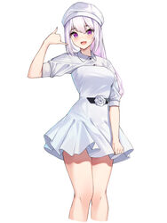  :d absurdres blush breasts collared_shirt commentary dress dress_shirt female flower hair_between_eyes highres ine_(vtuber) korean_commentary light_purple_hair long_hair looking_at_viewer medium_breasts pleated_dress purple_eyes rose shaka_sign shirt short_dress short_sleeves simple_background smile solo thighs virtual_youtuber waktaverse white_background white_dress white_flower white_hair white_headwear white_rose white_shirt wind wing_collar ziro_(zirorong) 