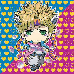  1boy bad_boy bad_id bad_pixiv_id battle_tendency blonde_hair bubble caesar_anthonio_zeppeli chibi facial_mark feather_hair_ornament feathers fingerless_gloves gloves green_eyes hair_ornament headband heart heart_background hydrokinesis jojo_no_kimyou_na_bouken knee_pads male_focus pink_scarf scarf solo triangle_print water 