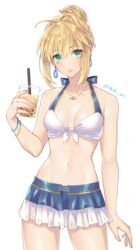  artoria_pendragon_(all) banned_artist bikini blonde_hair blue_bikini breasts bubble_tea collarbone cup disposable_cup drinking_straw earrings eyebrows_visible_through_hair fate/stay_night fate_(series) female frilled_bikini frills green_eyes highres holding holding_cup jewelry looking_at_viewer medium_breasts necklace orii_(orii_i) saber short_hair sidelocks simple_background solo swimsuit twitter_username two-tone_bikini white_background white_bikini 