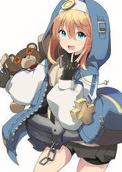  1boy androgyne_symbol bike_shorts bike_shorts_under_skirt black_gloves blonde_hair blue_eyes bridget cuffs fingerless_gloves gloves guilty_gear guilty_gear_strive habit handcuffs highres hood hood_up hooded_jacket hoodie jacket long_sleeves male_focus medium_hair open_clothes open_hoodie open_mouth otoko_no_ko puffy_long_sleeves puffy_sleeves roger_(guilty_gear) smile solo stuffed_animal stuffed_toy teddy_bear uro_(urotanc) yo-yo 