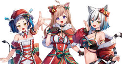  3girls ahoge animal_ear_fluff animal_ears antlers bare_shoulders bell black_gloves black_hair blue_eyes blue_hair bow braid breasts brown_hair capelet chyoling cleavage commentary_request cottage_project cropped_jacket demon_tail detached_sleeves double_bun dress frilled_gloves frills gloves grey_hair hair_bell hair_bun hair_ornament hairbow hat heterochromia horns jacket long_hair long_sleeves mashika_tsuno medium_breasts memori_tsumugi multicolored_hair multiple_girls off_shoulder official_art open_clothes open_jacket outstretched_arm pink_hair puffy_long_sleeves puffy_short_sleeves puffy_sleeves purple_eyes red_bow red_capelet red_dress red_headwear red_jacket red_sleeves santa_costume santa_hat short_sleeves simple_background strapless strapless_dress streaked_hair striped_tail tail upper_body virtual_youtuber white_background yellow_eyes yukine_kohaku 