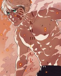  1boy abs akumicke alternate_pectoral_size armin_arlert embers eyelashes feet_out_of_frame frown highres leaning_forward long_sideburns male_focus mouth_trail navel nipples pectorals shingeki_no_kyojin short_hair sideburns solo spoilers steam steaming_body stomach thick_eyebrows toned toned_male topless_male 