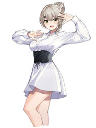  :d absurdres breasts brown_hair collared_shirt commentary corset dress_shirt female green_eyes hair_bun hair_ornament hairclip highres korean_commentary long_sleeves looking_at_viewer medium_breasts miniskirt open_mouth pleated_skirt shirt simple_background skirt smile solo viichan virtual_youtuber waktaverse white_background white_shirt white_skirt wing_collar ziro_(zirorong) 