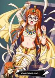  armlet bandages black-framed_eyewear blunt_bangs bracelet breasts brown_eyes burbur commentary cosplay diadem dialogue_box egyptian egyptian_clothes english_commentary english_text female glasses highres jewelry long_hair looking_at_viewer medium_breasts mummy navel open_mouth orange_hair pelvic_curtain persona persona_5 restrained sakura_futaba shadow_futaba shadow_futaba_(cosplay) solo stomach uraeus usekh_collar 