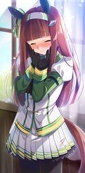  animal_ears black_gloves blush brown_hair closed_eyes commentary_request female gloves hands_on_own_face headband horse_ears horse_girl horse_tail long_hair looking_at_viewer silence_suzuka_(umamusume) smile solo tail tanabe umamusume uniform window 