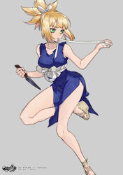  bandaged_arm bandages blonde_hair blue_dress character_name commentary_request copyright_name cross-laced_sandals doran_(doran7280) dr._stone dress female green_eyes grey_background high_heels highres holding holding_knife knife kohaku_(dr._stone) leg_up long_hair platform_footwear ponytail sandals short_dress side_slit simple_background sleeveless sleeveless_dress solo standing standing_on_one_leg thighs 