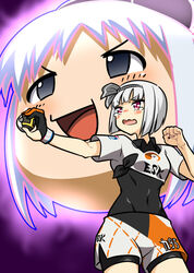  2girls bea_(pokemon) bea_(pokemon)_(cosplay) biim_(cookie) black_bodysuit black_eyes black_hairband blunt_bangs blush bob_cut bodysuit bodysuit_under_clothes bow_hairband collared_shirt commentary_request cookie_(touhou) cosplay cowboy_shot dynamax_band eska_(cookie) gigantamax gloves hairband hakumai_(nicoseiga80737518) holding holding_poke_ball konpaku_youmu looking_afar multiple_girls open_mouth parody partially_fingerless_gloves poke_ball pokemon pokemon_swsh print_shirt print_shorts red_eyes shirt short_hair short_sleeves shorts side_slit side_slit_shorts single_glove tearing_up touhou ultra_ball white_hair yukkuri_shiteitte_ne 