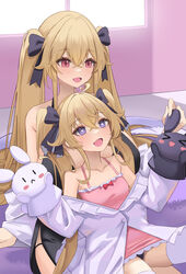  2girls absurdres anchorage_(azur_lane) attilio_regolo_(azur_lane) attilio_regolo_(castle_of_inspiration)_(azur_lane) azur_lane camisole collarbone commentary crossed_bangs frilled_jacket frills hair_ribbon hand_puppet heart heart-shaped_pupils highres jacket light_brown_hair multiple_girls off_shoulder official_alternate_costume open_mouth pink_camisole puppet rabbit_puppet red_eyes ribbon side_slit sitting sitting_on_lap sitting_on_person smile soar_sora222 symbol-shaped_pupils twintails 