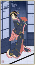  black_hair black_kimono border branch commentary english_commentary eyeshadow female folding_fan full_body geisha hair_ornament hairpin hand_fan highres holding holding_knife indoors japanese_clothes kimono knife leaf lipstick long_sleeves looking_back makeup nihonga official_art paper_fan parted_lips red_eyeshadow roland_macdonald short_hair shouji silhouette sliding_doors solo standing tatami total_war:_shogun_2 ukiyo-e 