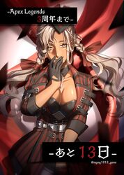  absurdres akami_maguro animification anniversary apex_legends black_gloves black_headwear bootlegger_loba braid breasts brown_eyes cleavage collarbone copyright_name covering_own_mouth dark-skinned_female dark_skin female floating_hair gloves highres jacket loba_(apex_legends) looking_to_the_side medium_breasts official_alternate_costume platinum_blonde_hair red_jacket smile solo twin_braids 