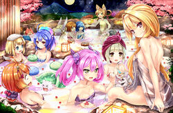  6+girls :d ahoge animal_ears blank_eyes blonde_hair blue_eyes blue_hair breasts brown_eyes brown_hair character_request cherry_blossoms cleavage closed_eyes collarbone commentary_request full_moon green_eyes grey_hair hair_ornament highres long_hair loussier_ellerensia lumiere_(shironeko_project) marl_(shironeko_project) medium_breasts moon multiple_girls naked_towel night noa_(shironeko_project) nyama_(12060517) onsen open_mouth orange_hair outdoors partially_submerged pink_hair rabbit_ears red_eyes same-sex_bathing see-through shared_bathing shironeko_project shoulder_blades sideboob sitting sky small_breasts smile sparkle star_(sky) starry_sky tied_hair towel towel_on_head twintails very_long_hair 