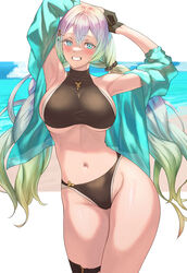  aqua_jacket armpits arms_up bare_shoulders beach bikini black_bikini black_gloves blush breasts collarbone cupitan_(granblue_fantasy) cupitan_(summer)_(granblue_fantasy) female gloves gradient_hair granblue_fantasy green_eyes green_hair grey_hair grin highres jacket large_breasts long_hair long_sleeves looking_at_viewer low_twintails multicolored_hair navel off_shoulder official_alternate_costume open_clothes open_jacket shore sideboob smile solo stomach swimsuit tekkai_blade thigh_strap thighs twintails very_long_hair 